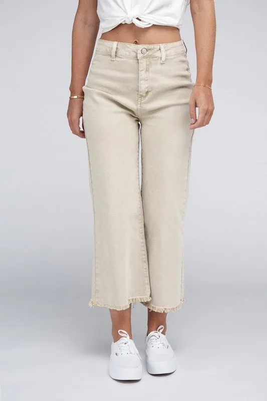 Acid Washed High Waist Frayed Hem Straight Pants