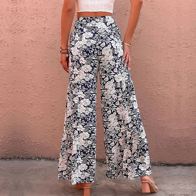 All-Match Lace-Up Printed High-Waisted Wide-Leg Pants Wholesale Women'S Bottoms