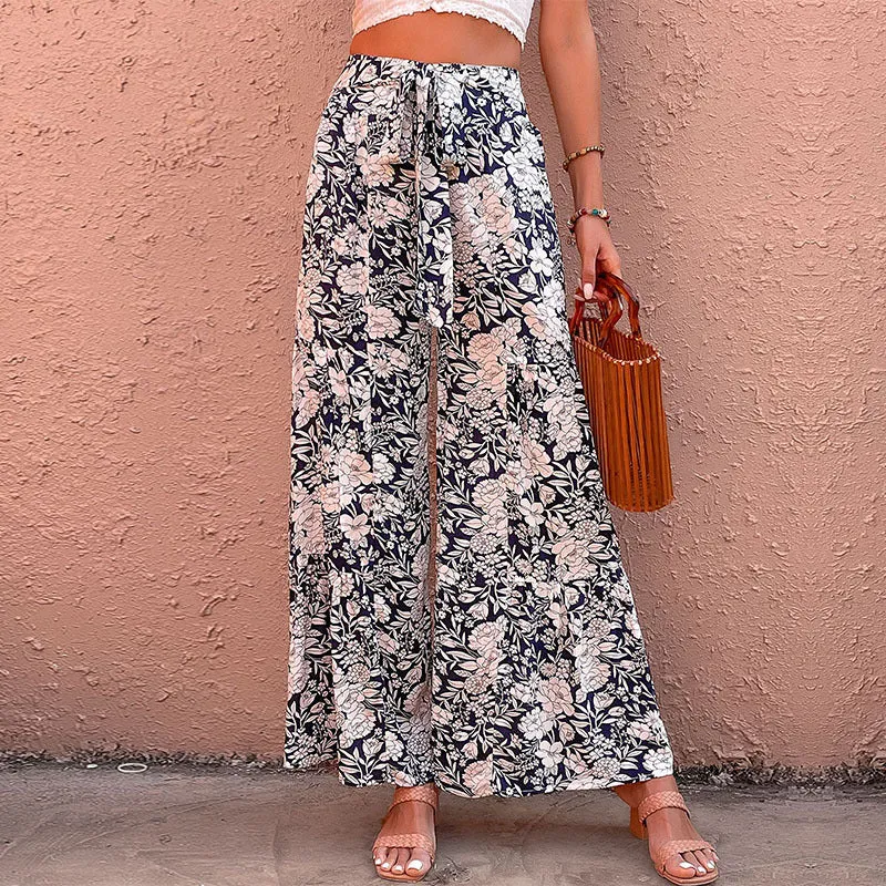 All-Match Lace-Up Printed High-Waisted Wide-Leg Pants Wholesale Women'S Bottoms