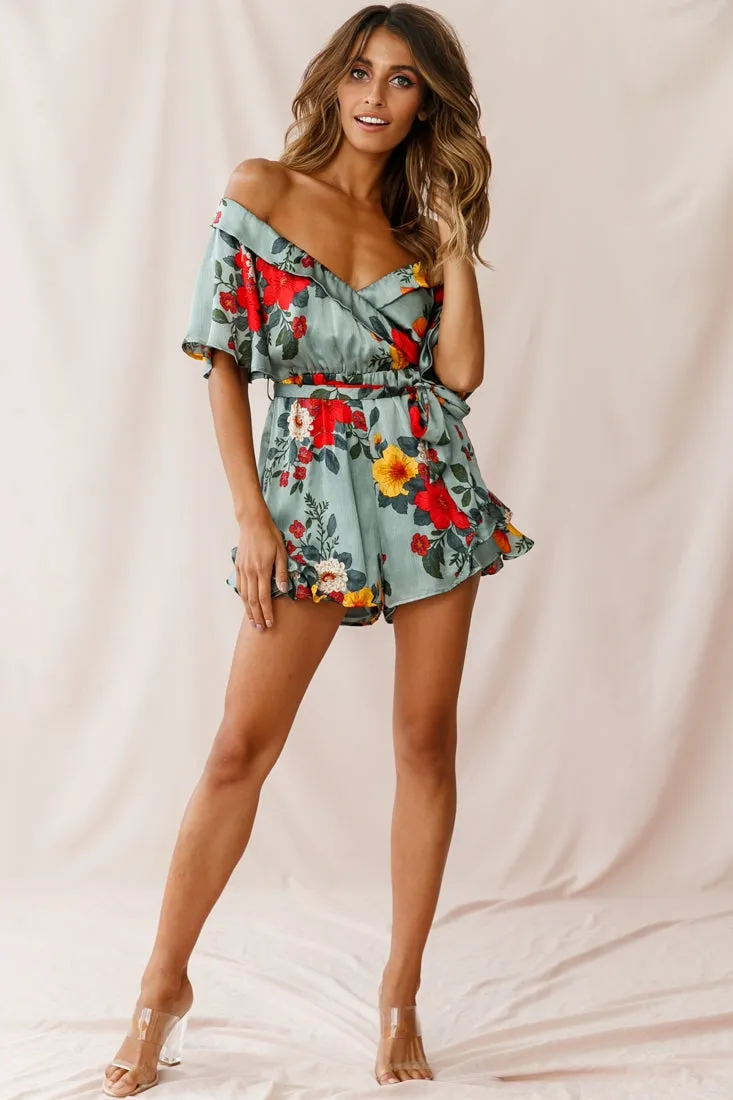 Ambrosia Off-Shoulder Floral Romper Sage