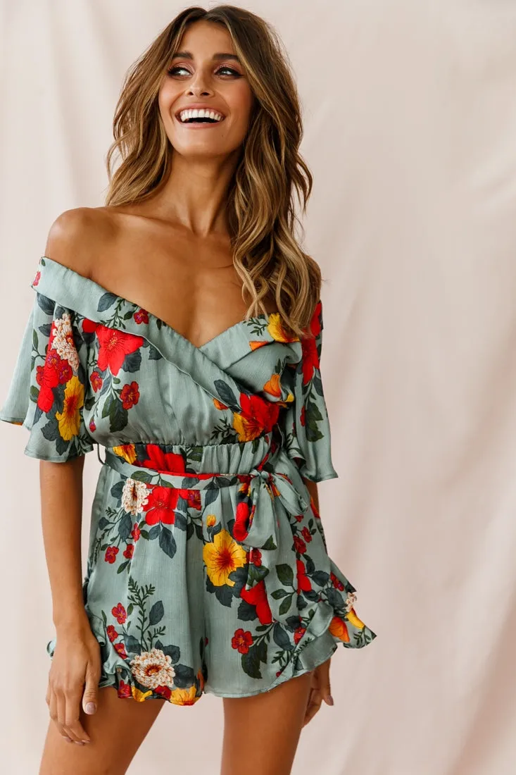 Ambrosia Off-Shoulder Floral Romper Sage