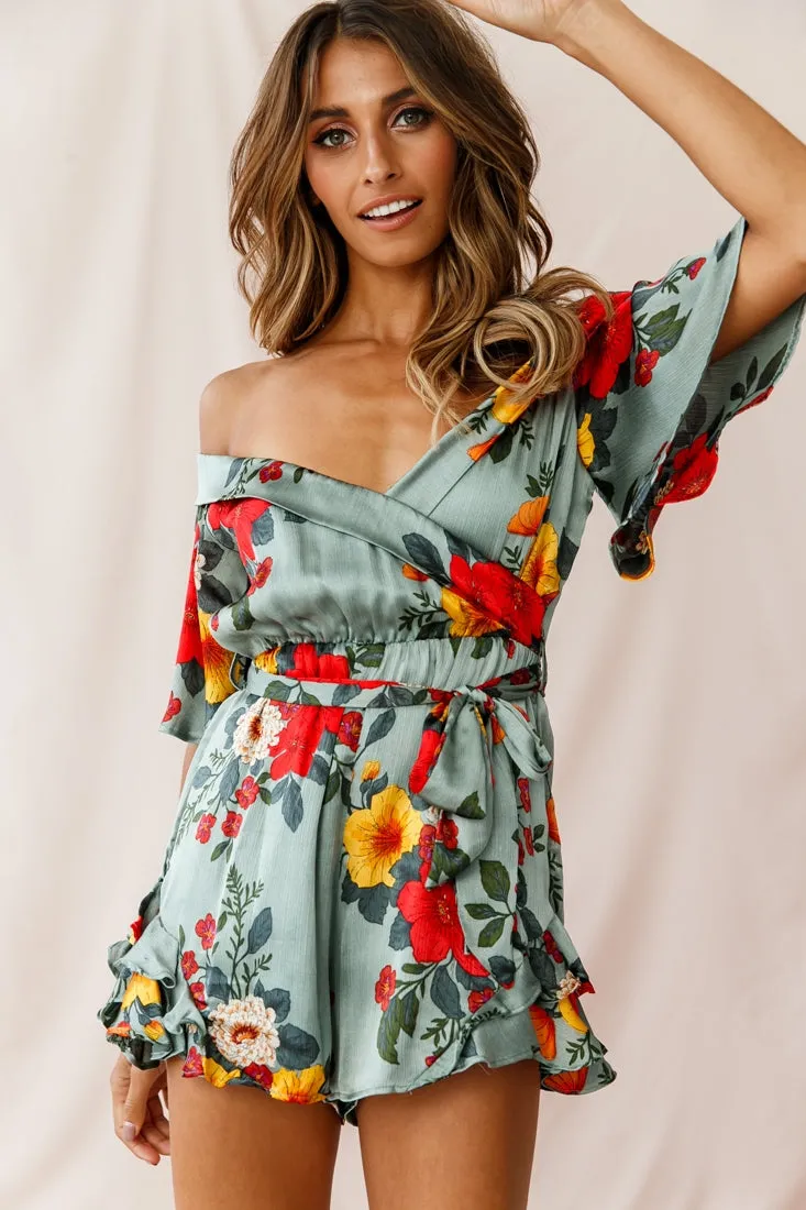 Ambrosia Off-Shoulder Floral Romper Sage