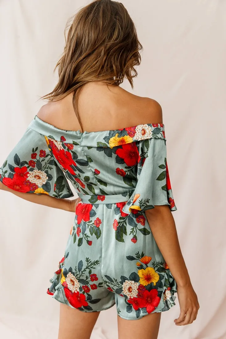 Ambrosia Off-Shoulder Floral Romper Sage