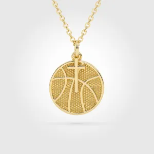 Basketball Necklace w/ Dangle Cross Pendant | Gold