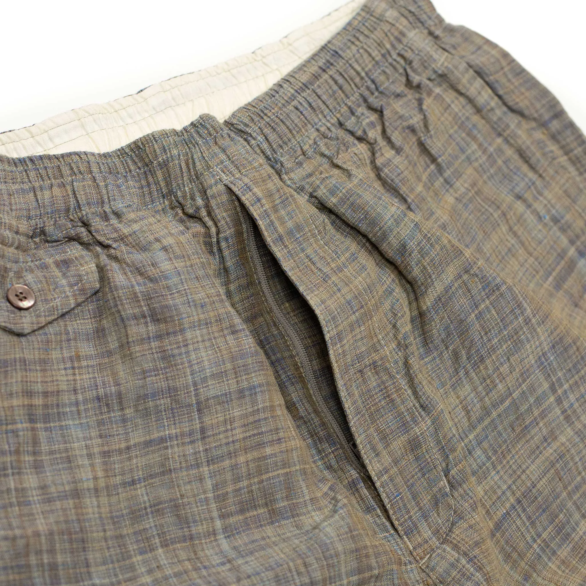 Beach shorts in blue and taupe Kasuri linen