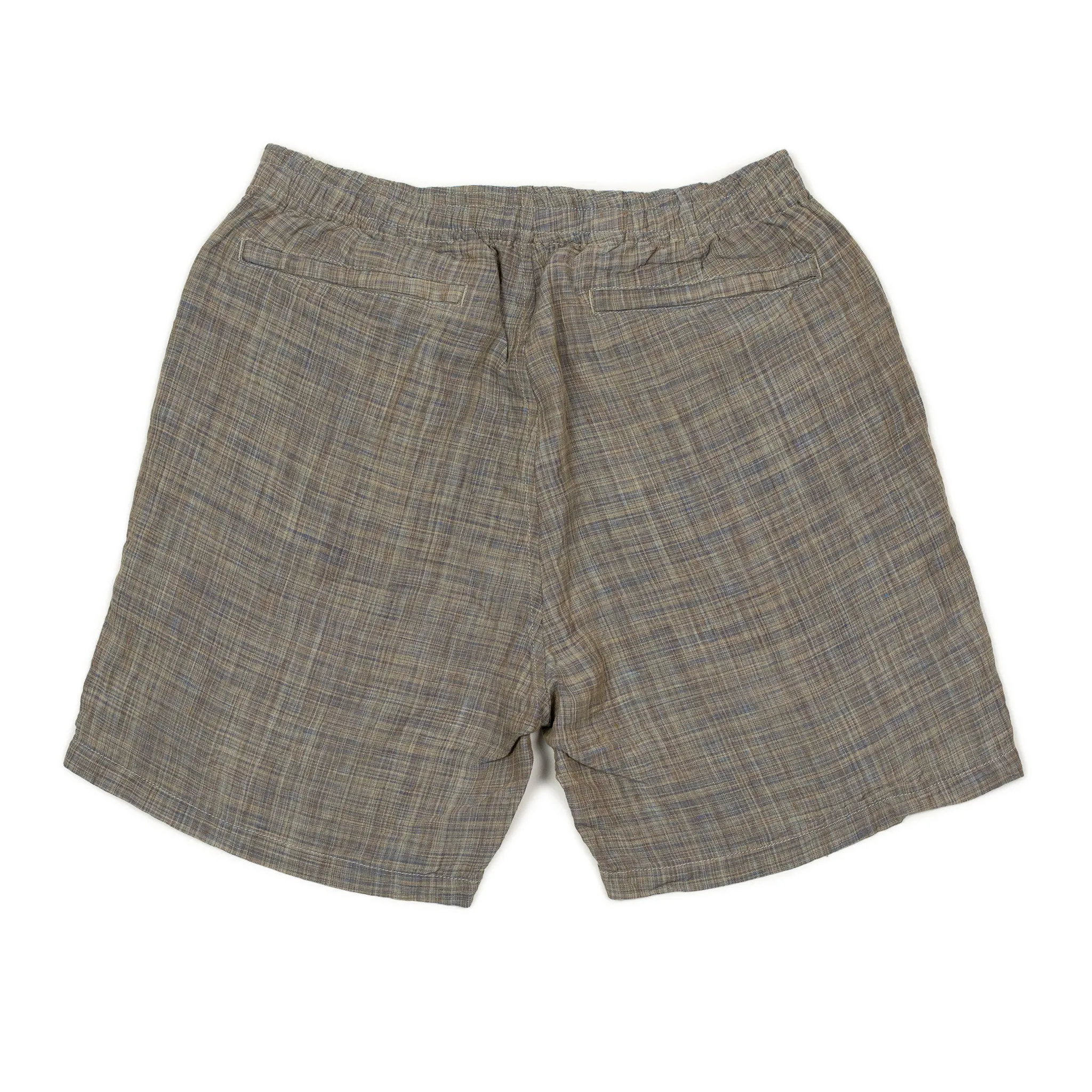 Beach shorts in blue and taupe Kasuri linen