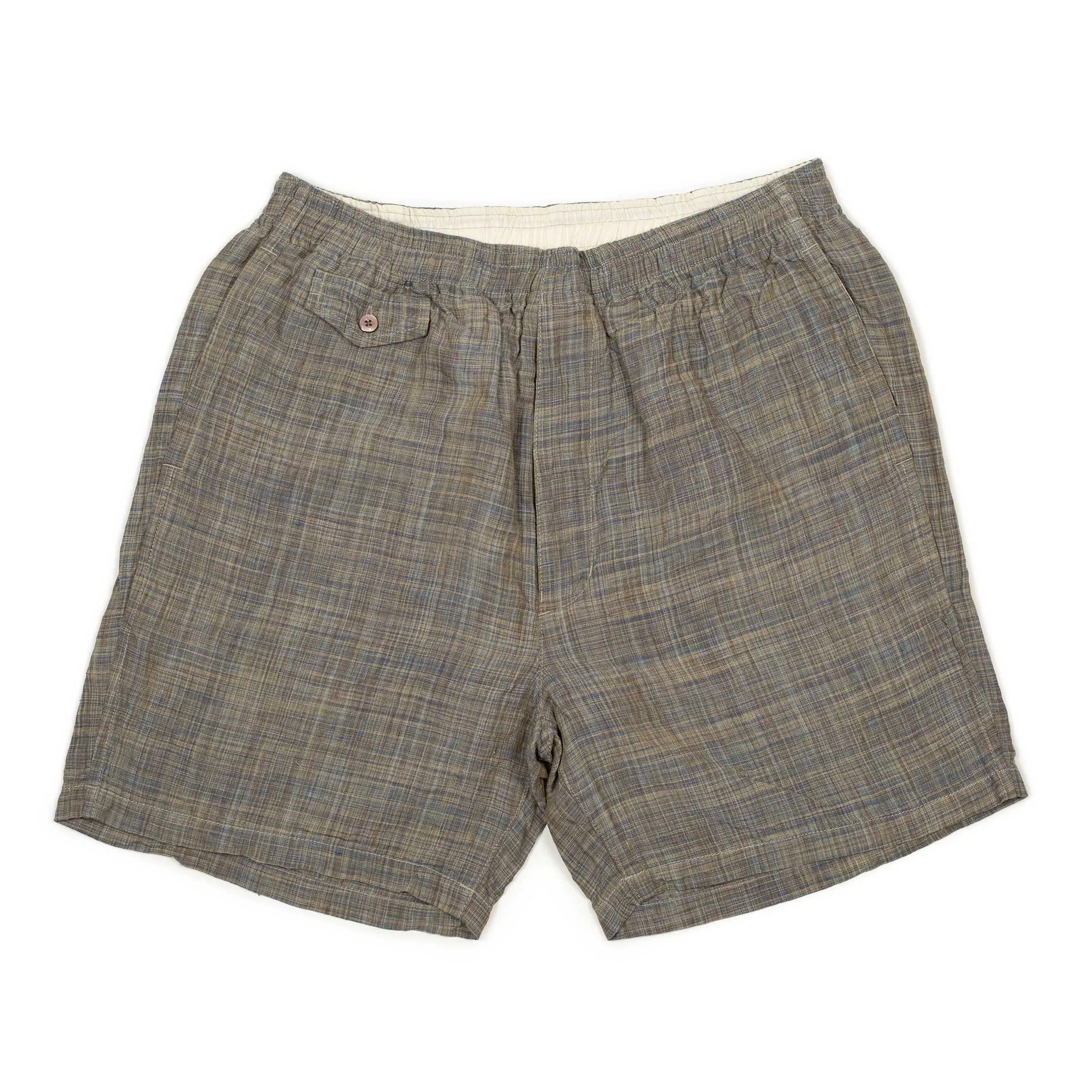 Beach shorts in blue and taupe Kasuri linen