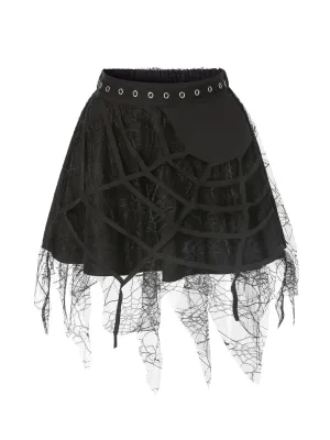 Black 1960s Grommet Halloween Spider Web Lace Skirt