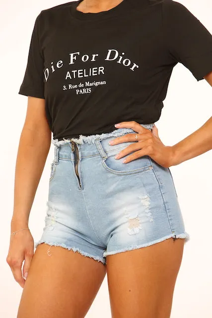 Blue zip Distressed High Waisted Denim Shorts