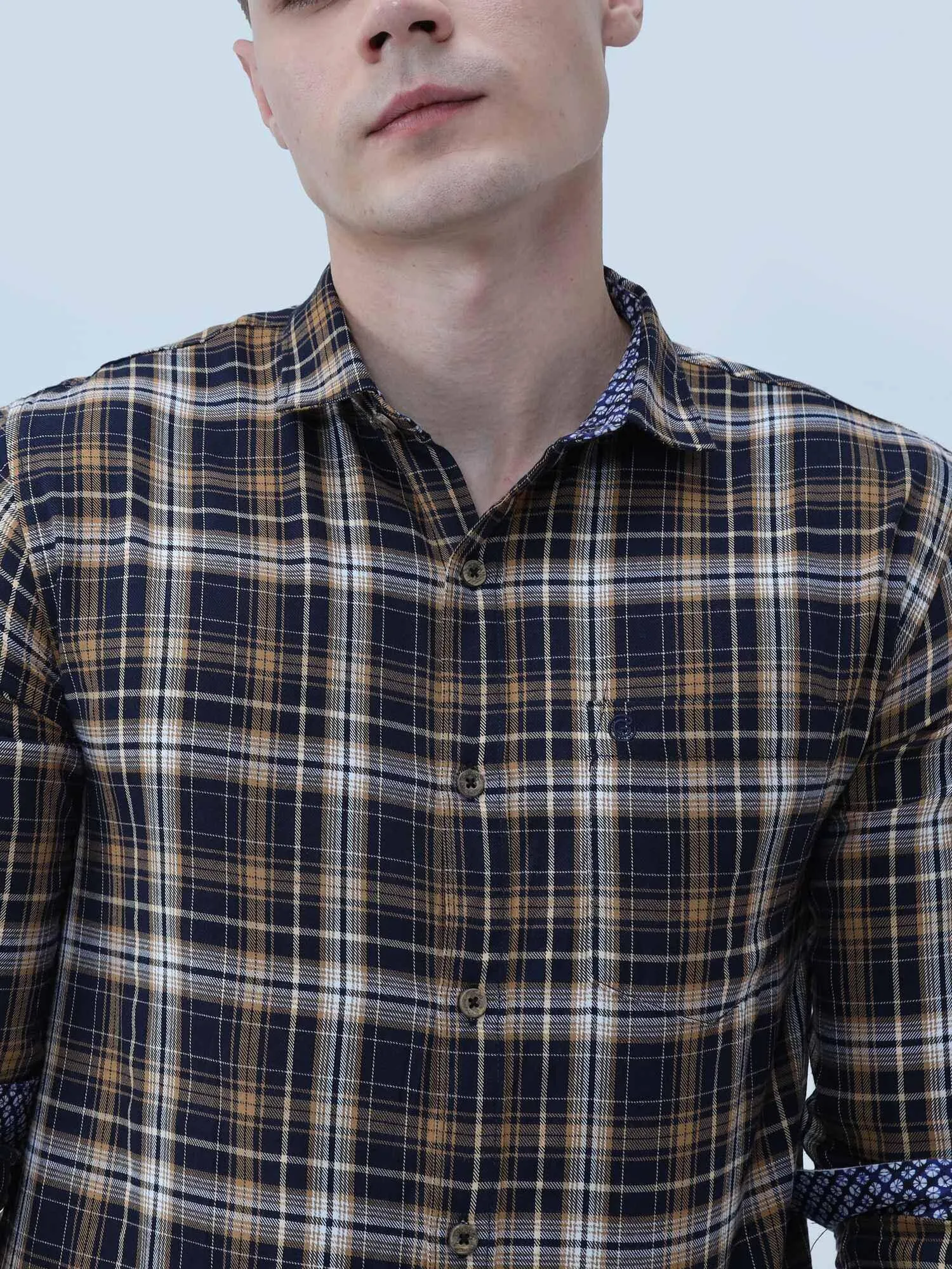 Brown on White Checkered Cotton Full Shirt