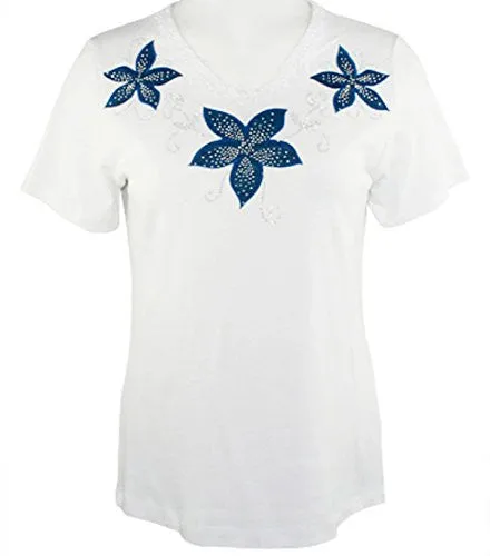 Cactus Fashion - Three Flowers, Short Sleeve, Lace Trim Rhinestone Cotton Top