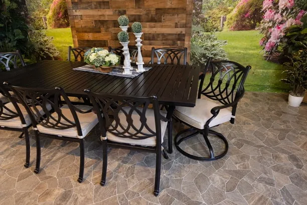 CHELSEA 9 PIECE DINING SET - 46" x 93" Stone Harbor Dining Table, 6 Chairs and 2 Swivel Chairs