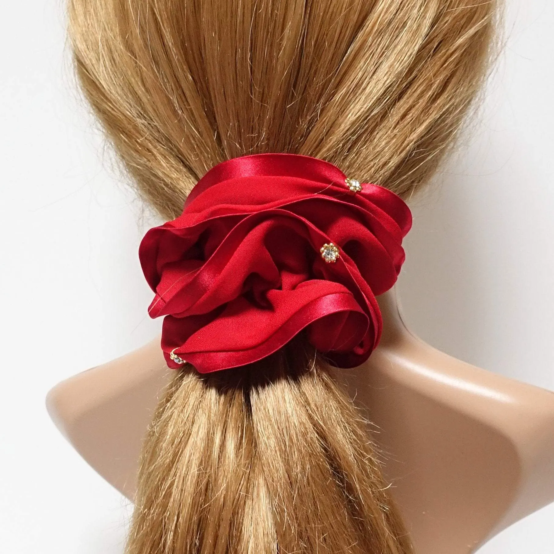 chiffon scrunchies satin trim dazzling rhinestone decorated hair elastic scrunchy women hair accessory