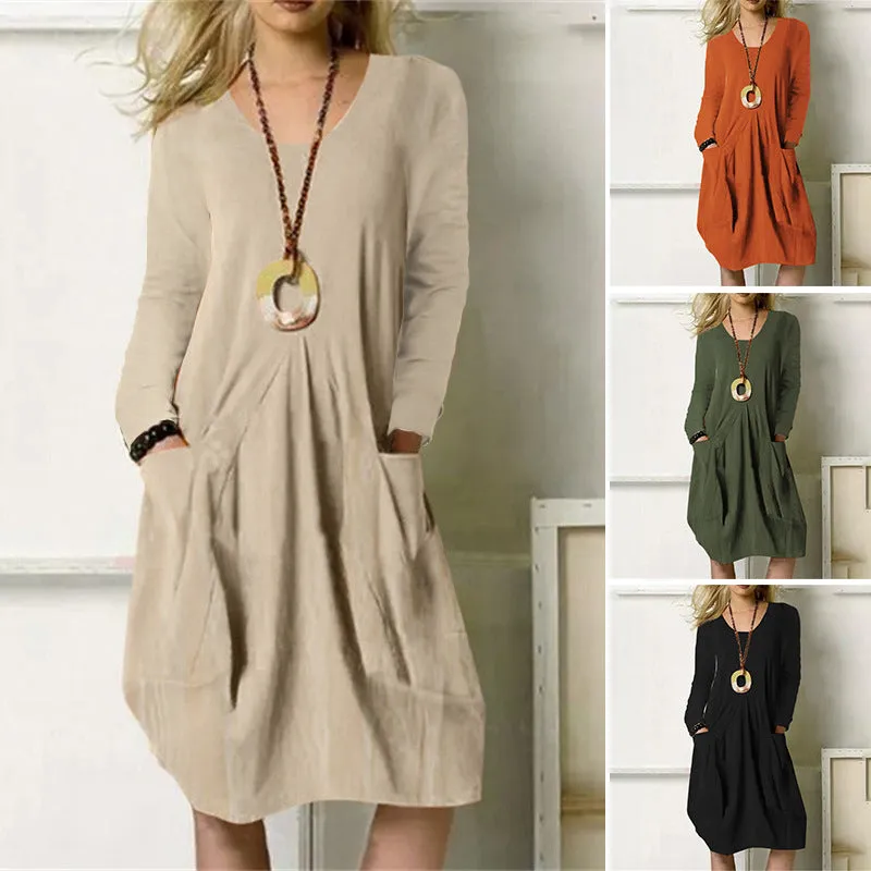 DEANWANGKT New European and American  Independent Station EBay Cotton Linen Loose Casual Dress Solid Color Pocket Dress Women