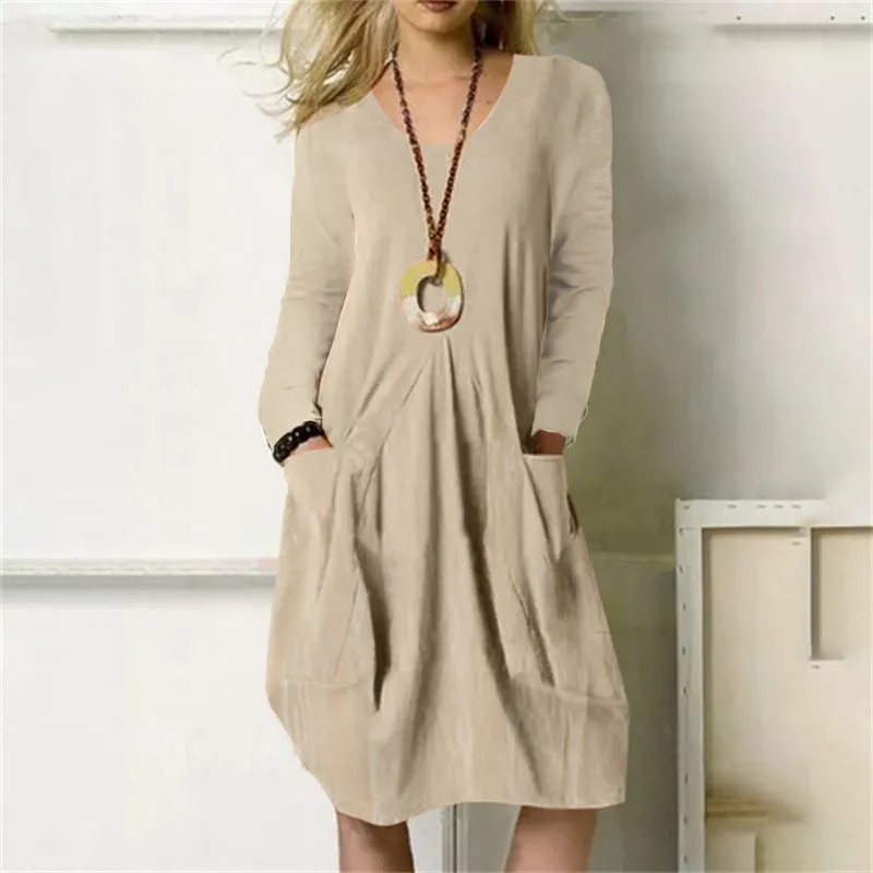 DEANWANGKT New European and American  Independent Station EBay Cotton Linen Loose Casual Dress Solid Color Pocket Dress Women