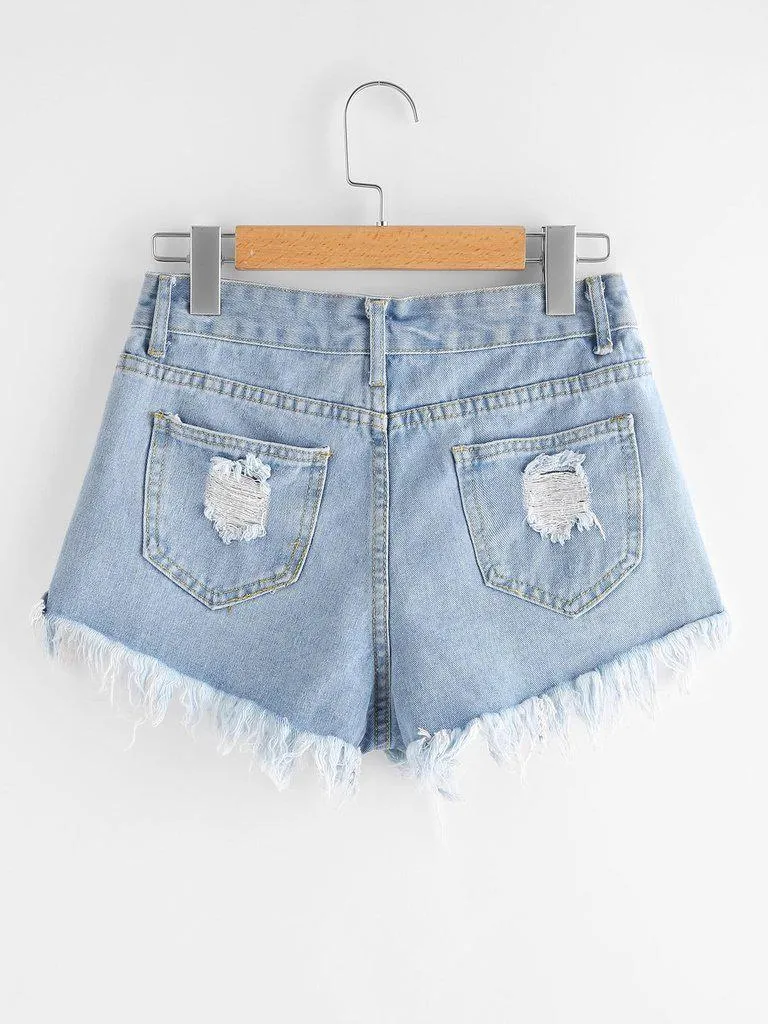 Destroyed Fray Hem Denim Shorts