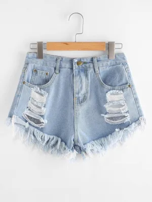 Destroyed Fray Hem Denim Shorts