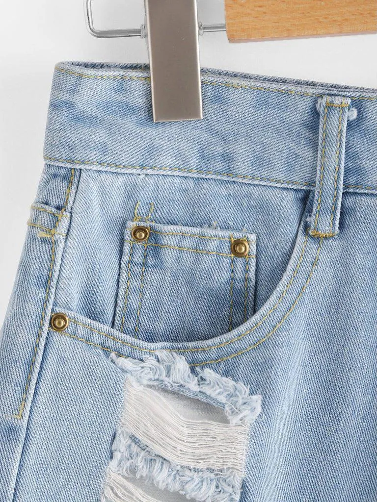 Destroyed Fray Hem Denim Shorts