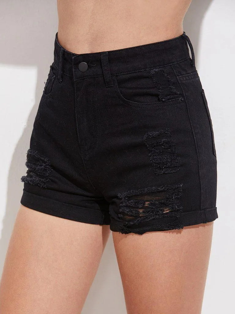 Distressed Roll Cuff Denim Shorts