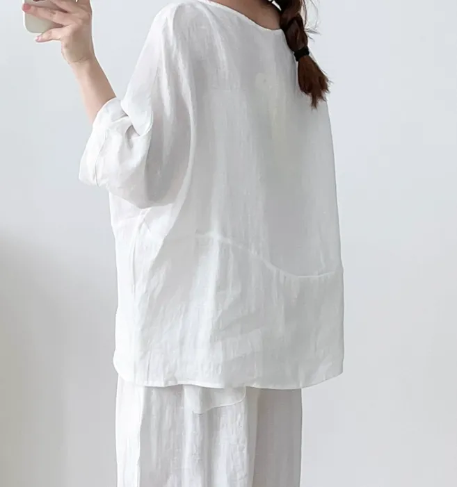 Drawstring Straps Summer Women Linen Tops 2707