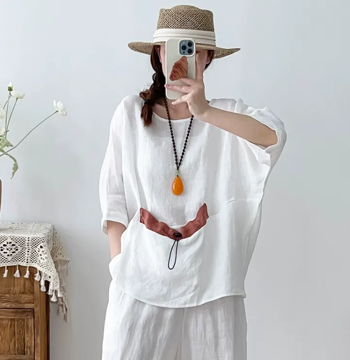 Drawstring Straps Summer Women Linen Tops 2707