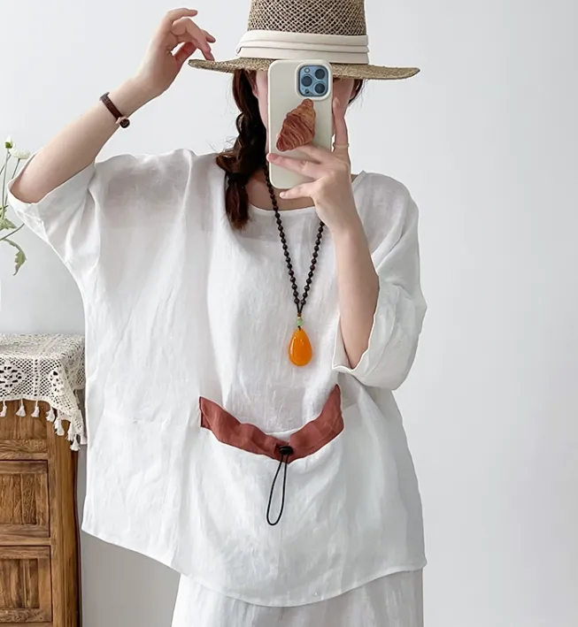 Drawstring Straps Summer Women Linen Tops 2707