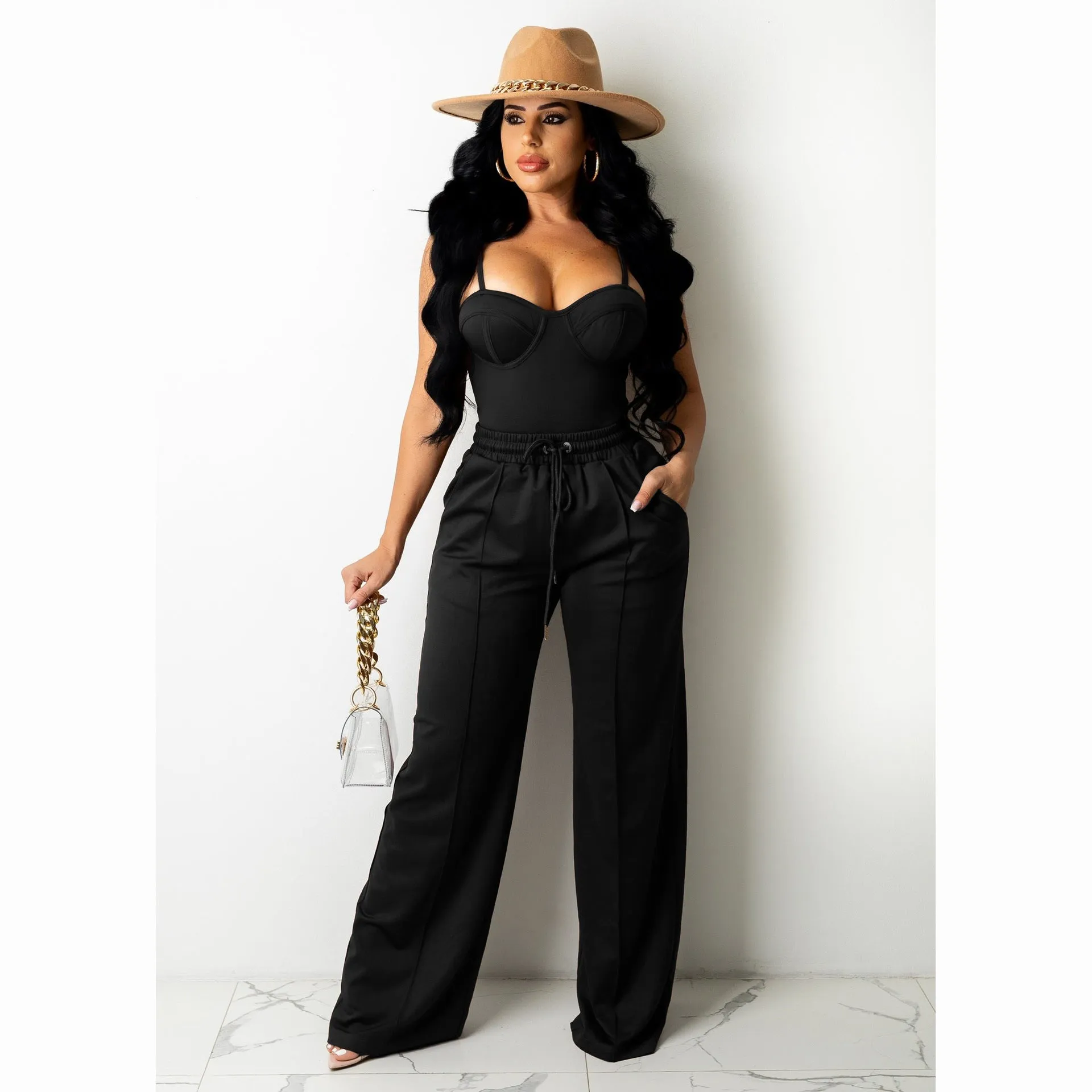 Fashion Camisole Drawstring Wide Leg Suit（AY1720）