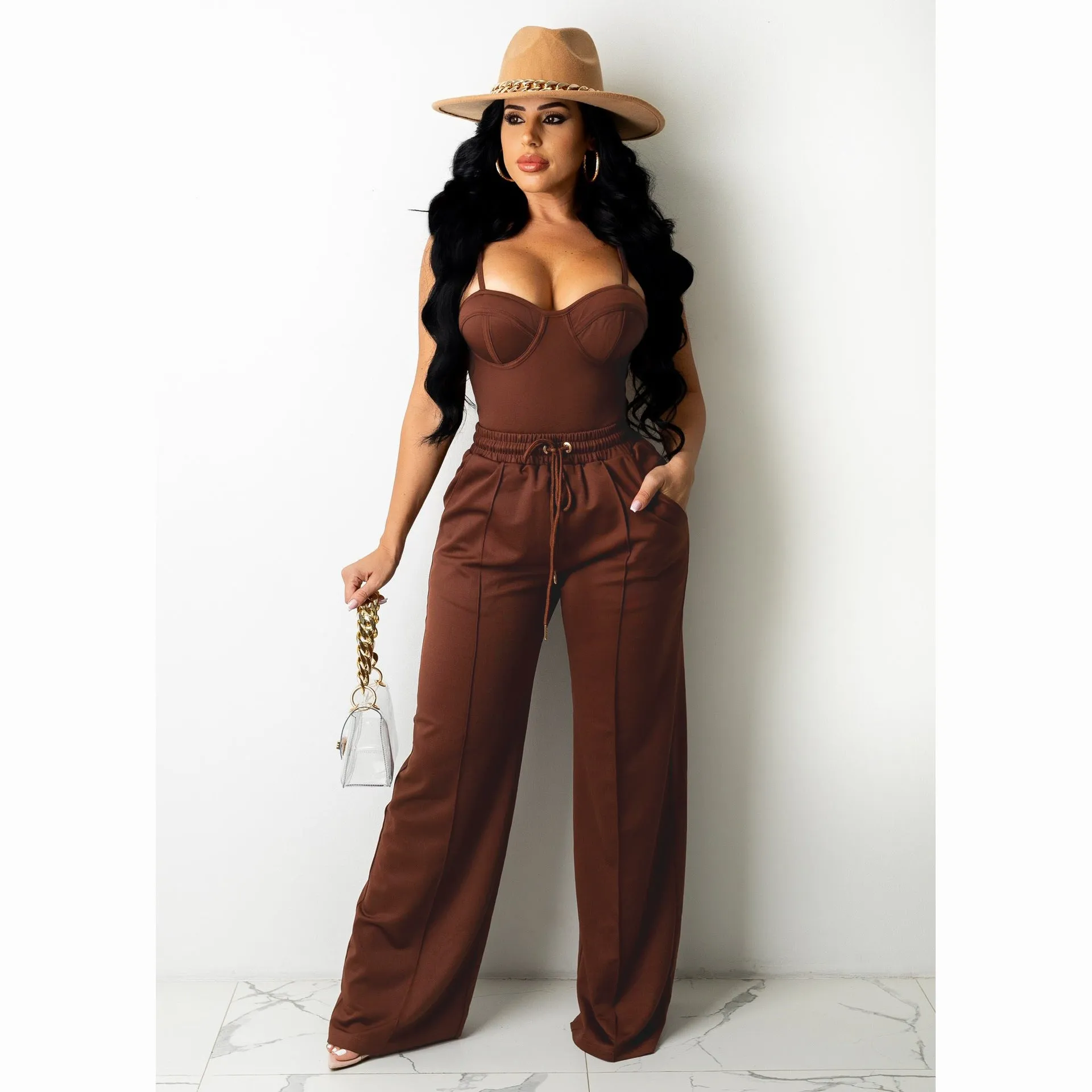 Fashion Camisole Drawstring Wide Leg Suit（AY1720）