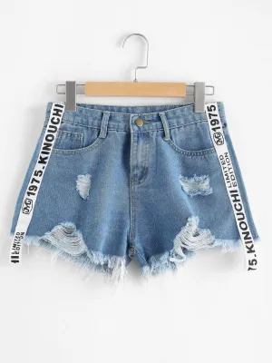 Frayed Hem Ripped Letter Denim Shorts