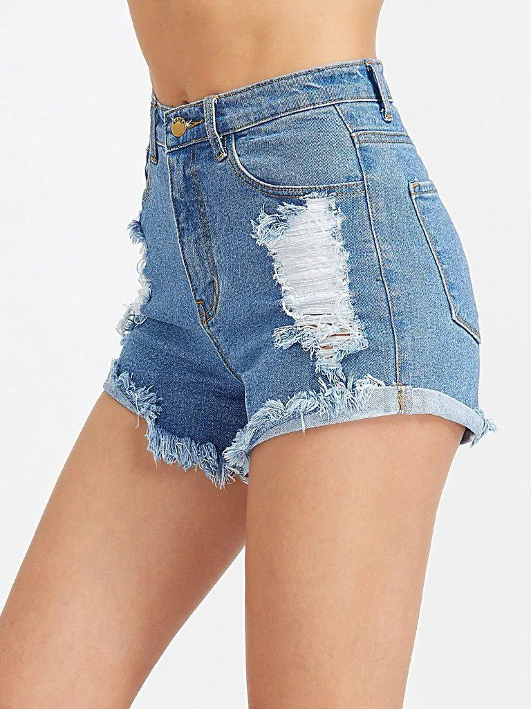 Frayed Roll Hem Distressed Denim Shorts