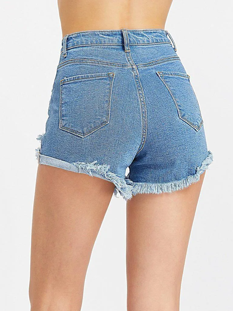 Frayed Roll Hem Distressed Denim Shorts