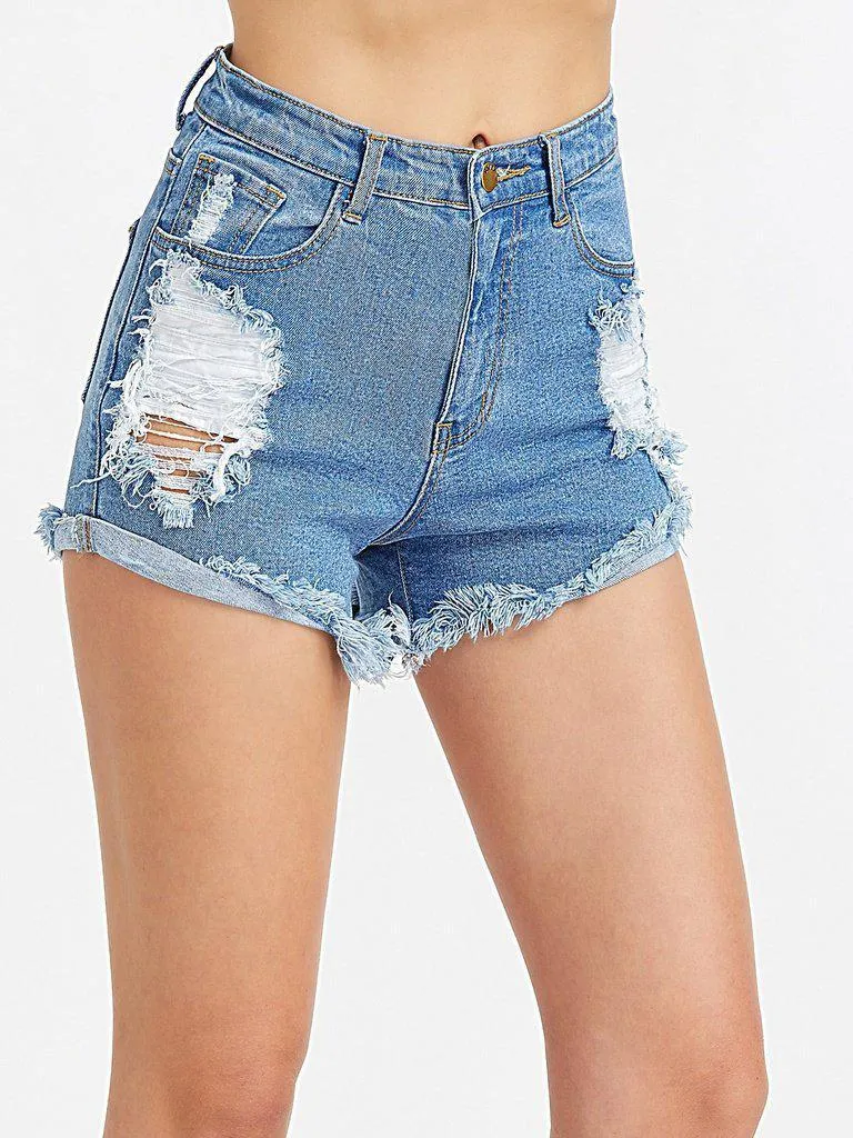 Frayed Roll Hem Distressed Denim Shorts