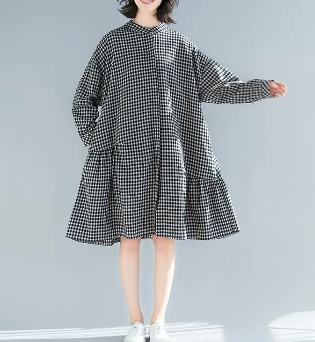 Gray Checked Skirts Dresses Loose Fall Dresses Casual Women Dresses SSM97213