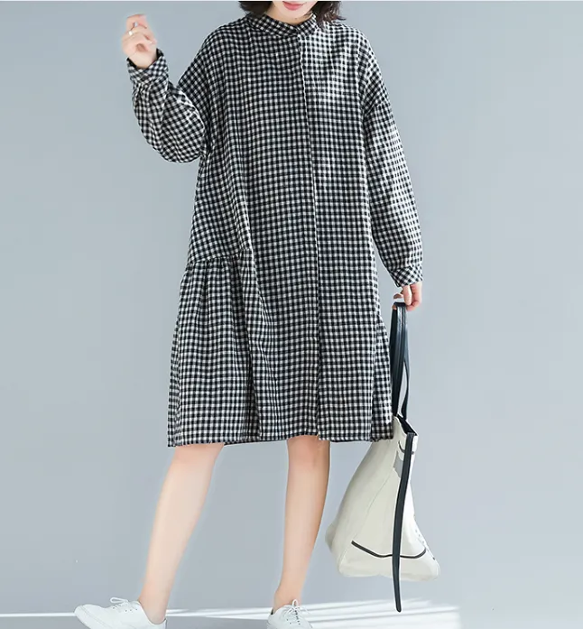 Gray Checked Skirts Dresses Loose Fall Dresses Casual Women Dresses SSM97213