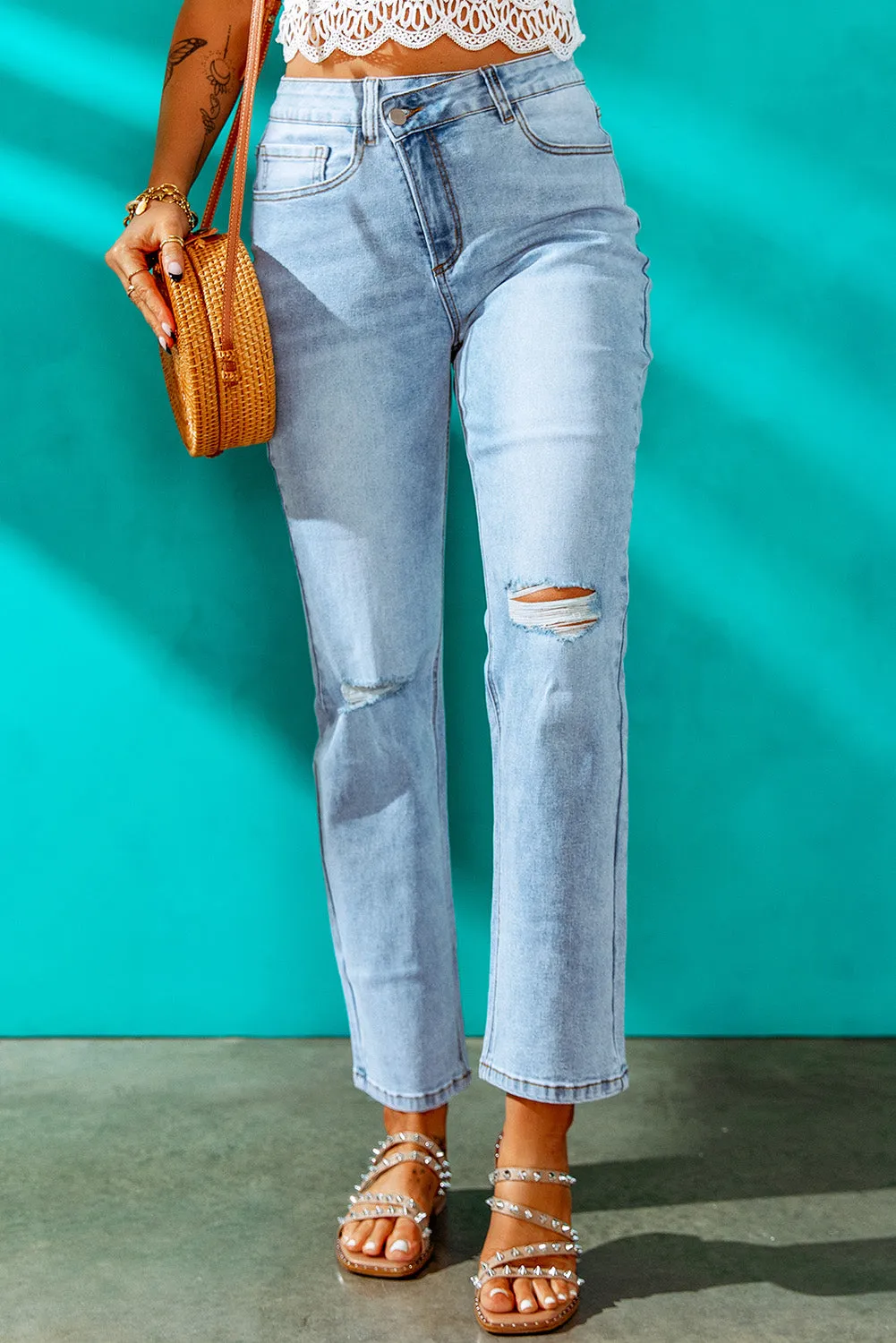 High Waist Distressed Straight Leg Jeans