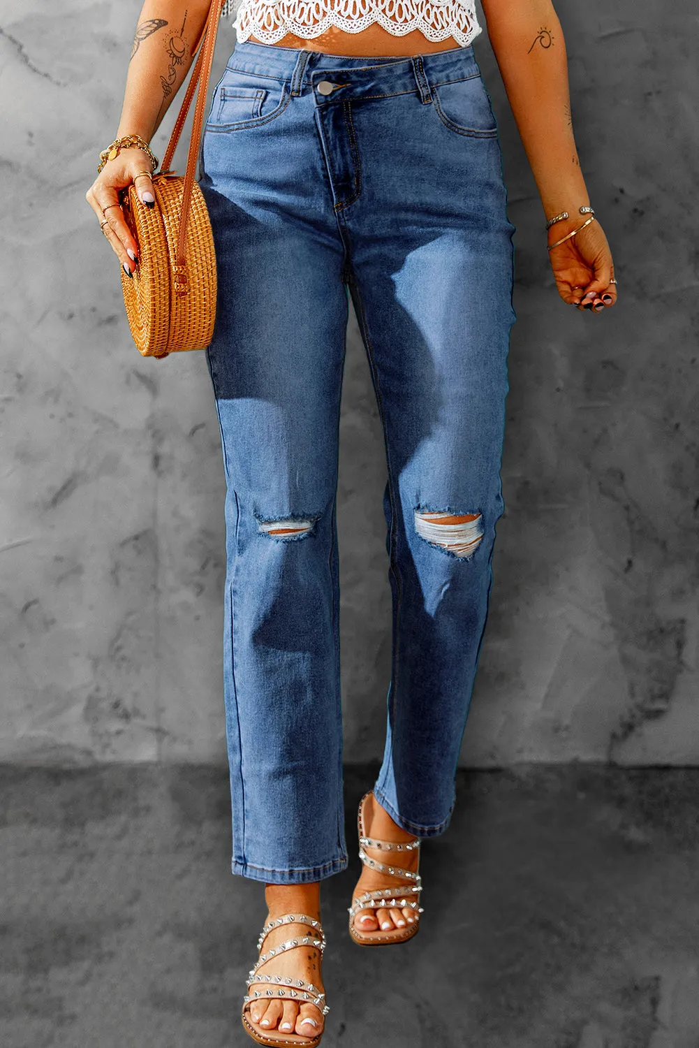 High Waist Distressed Straight Leg Jeans