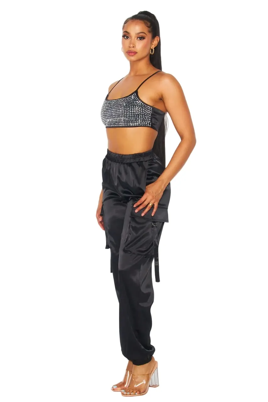 Hot & Delicious Women's My Life Rhinestone Satin Cargo Jogger