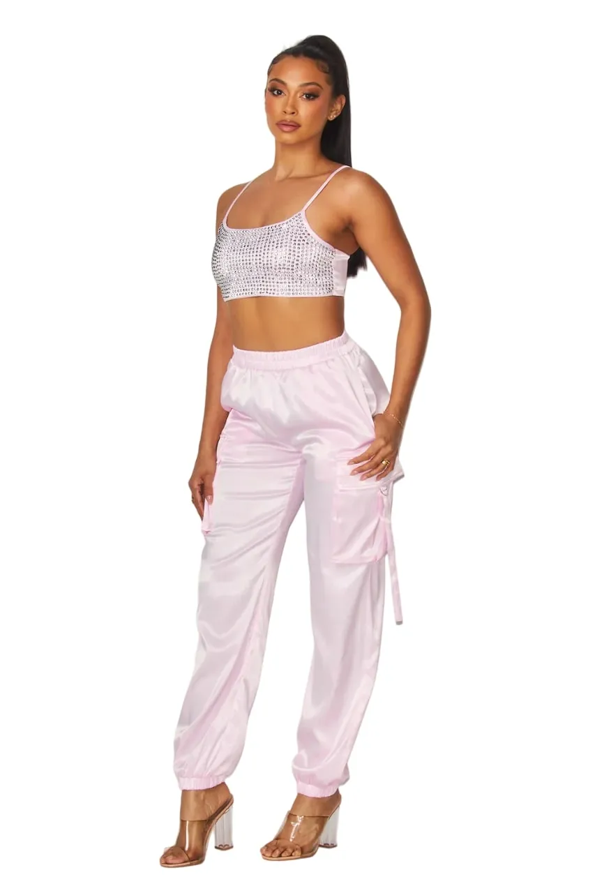 Hot & Delicious Women's My Life Rhinestone Satin Cargo Jogger