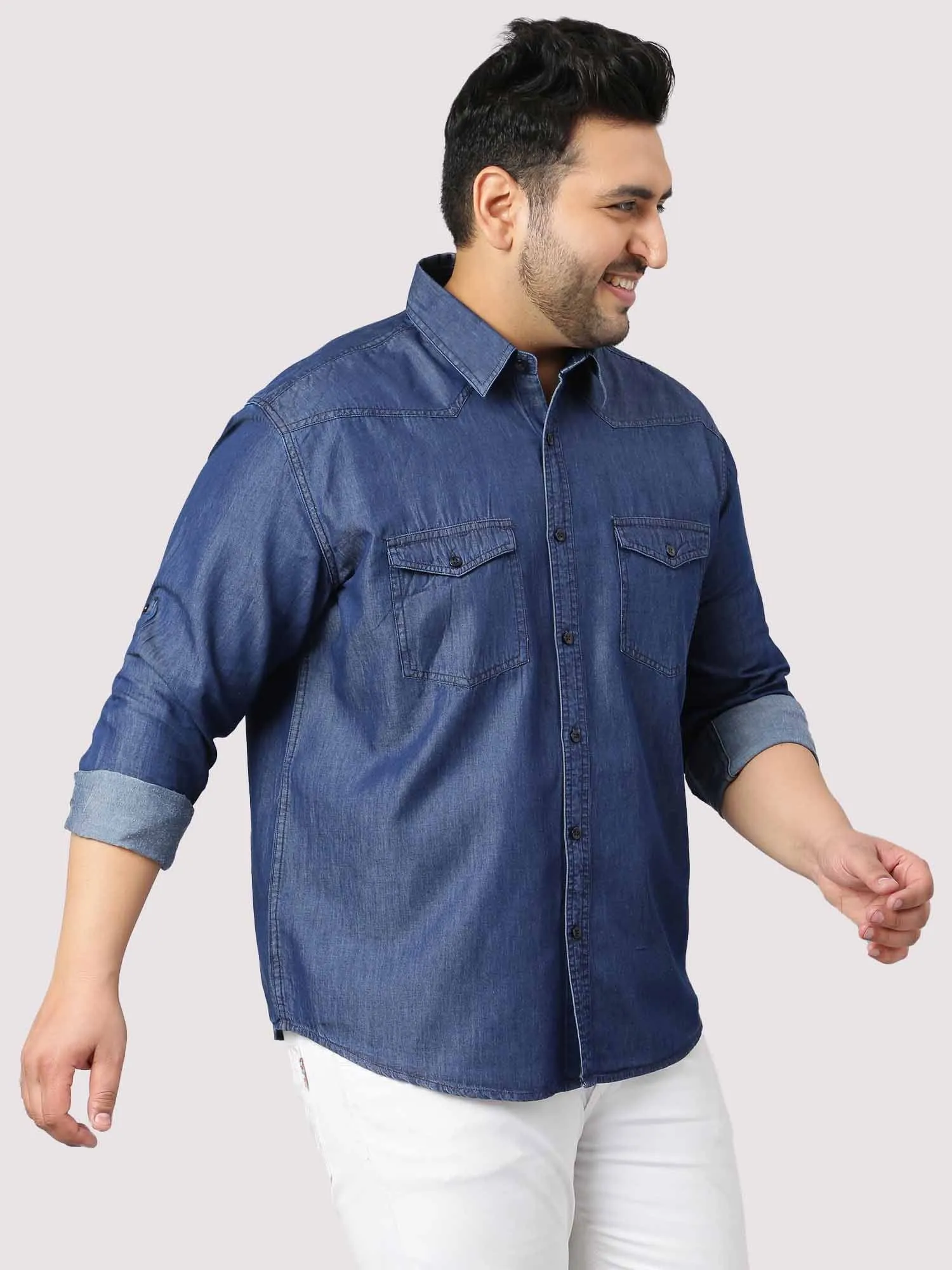 Indigo Denim Double Pocket Full Sleeve Shirt Men's Plus Size