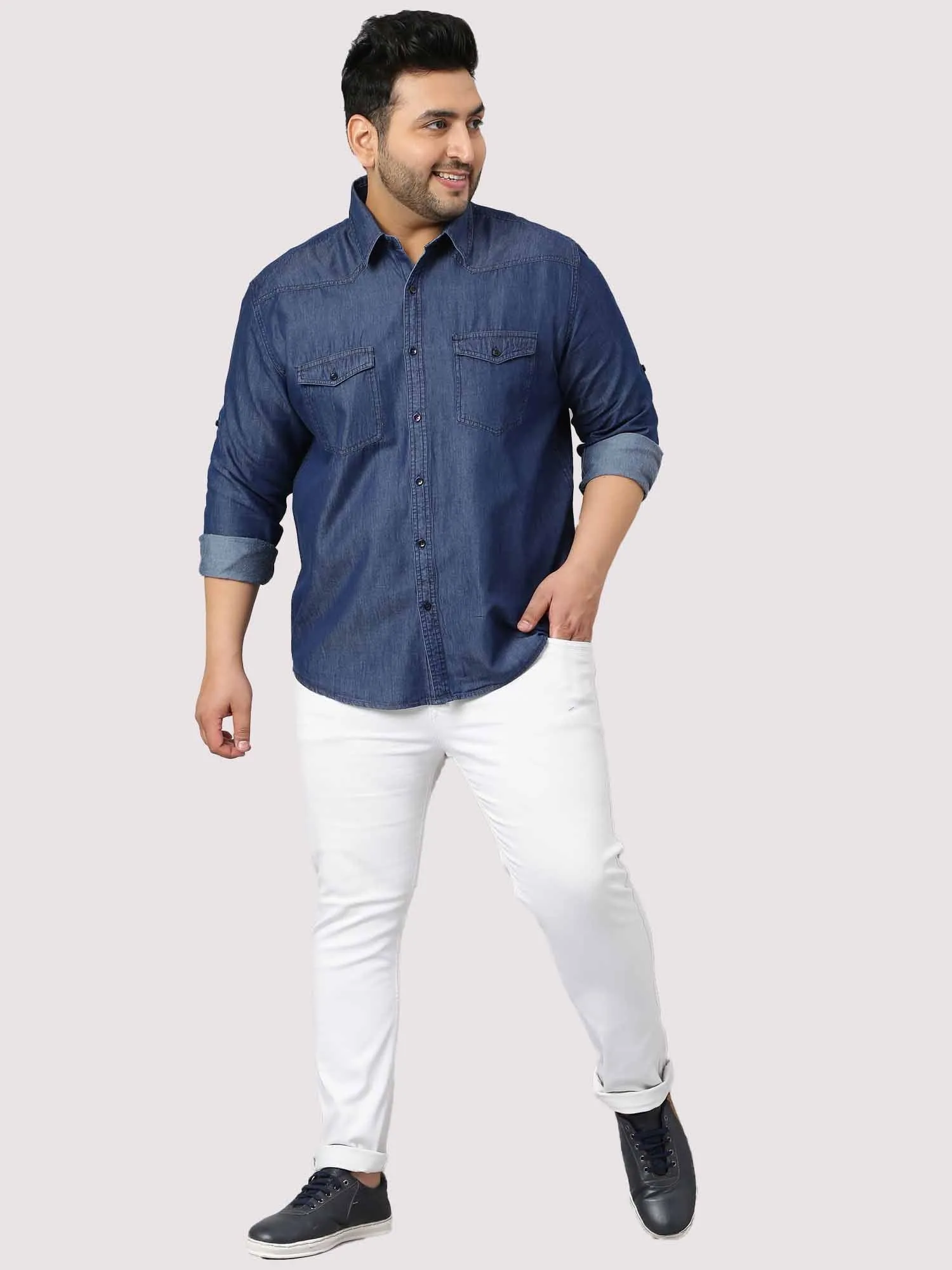 Indigo Denim Double Pocket Full Sleeve Shirt Men's Plus Size