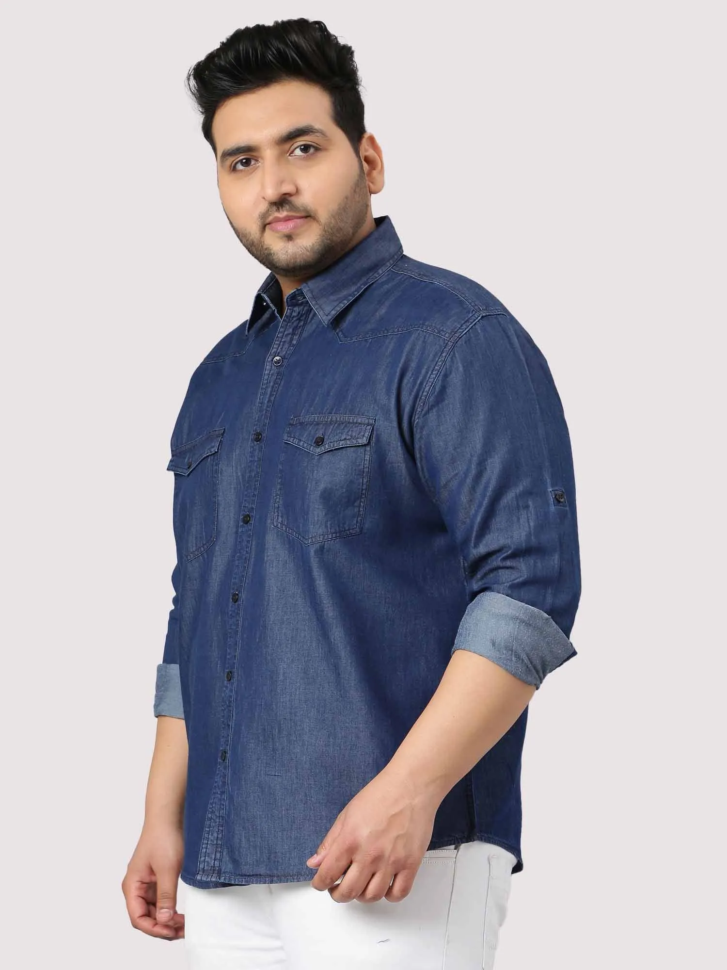 Indigo Denim Double Pocket Full Sleeve Shirt Men's Plus Size