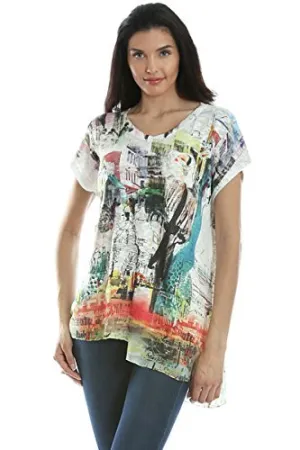 Inoah - Grand Dame, Cap Sleeve Chiffon Trim Wearable Art colorful Printed Tunic