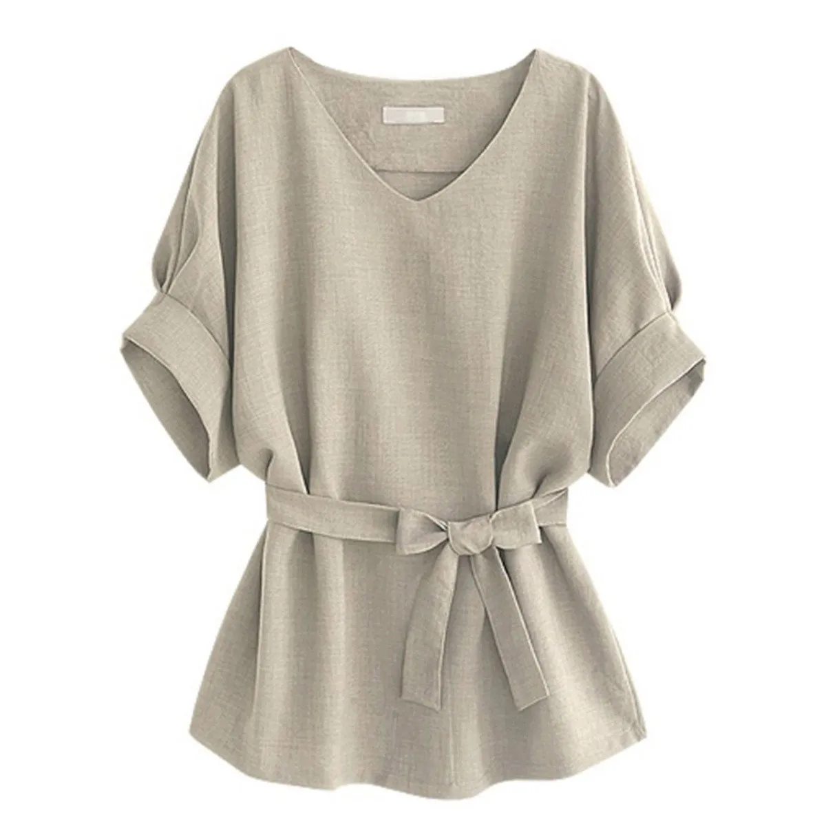 Linen-Blend Loose-Cut Casual Short Sleeve Top with Belt