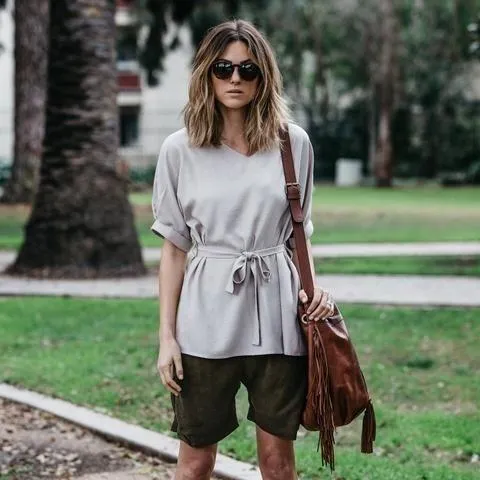 Linen-Blend Loose-Cut Casual Short Sleeve Top with Belt