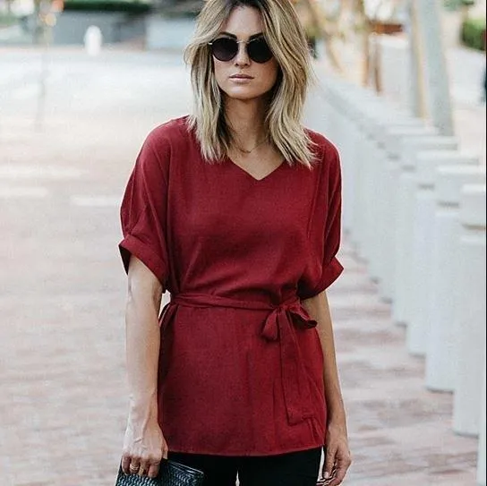 Linen-Blend Loose-Cut Casual Short Sleeve Top with Belt