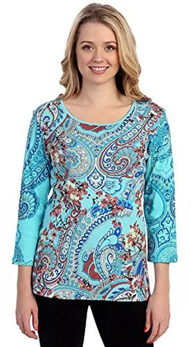 Marietta - Paisley, 3/4 Sleeve Cotton Rhinestone Print Scoop Neck Top