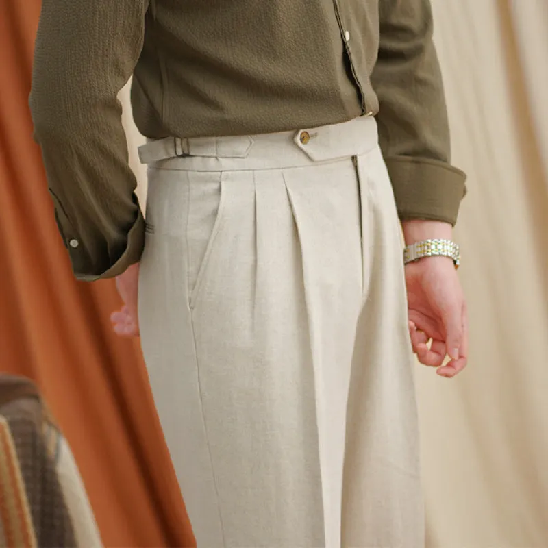 Men's Cotton And Linen Casual High Waist Straight Trousers