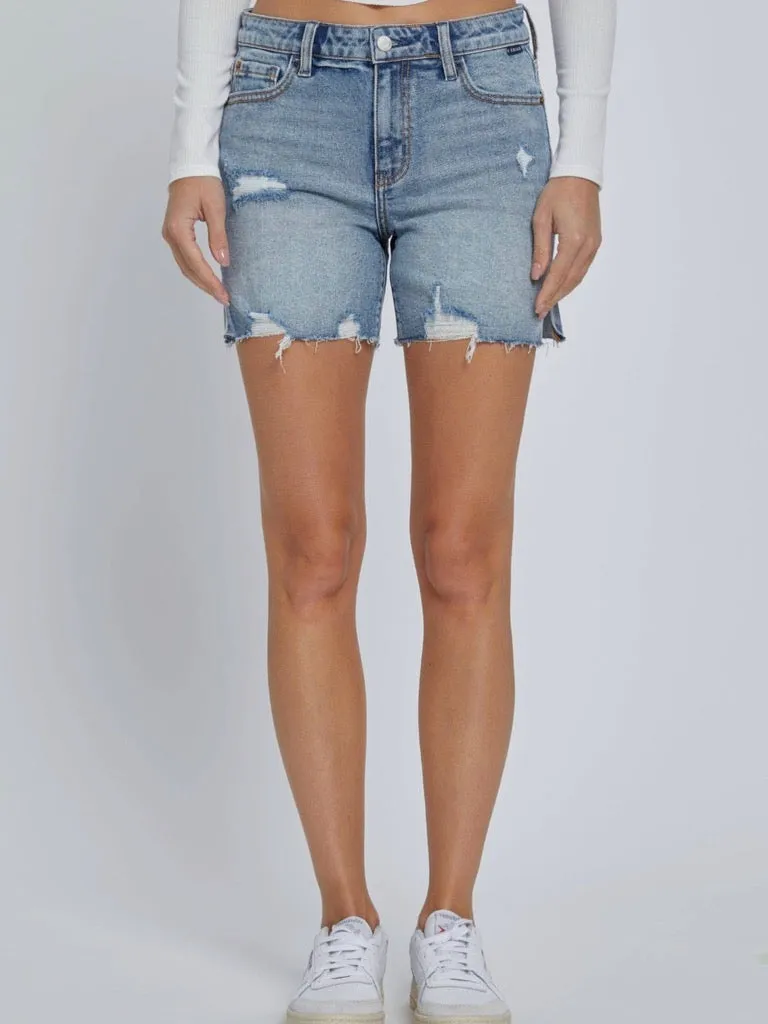 Mid Rise Midi Short with Side Slit - Medium Denim