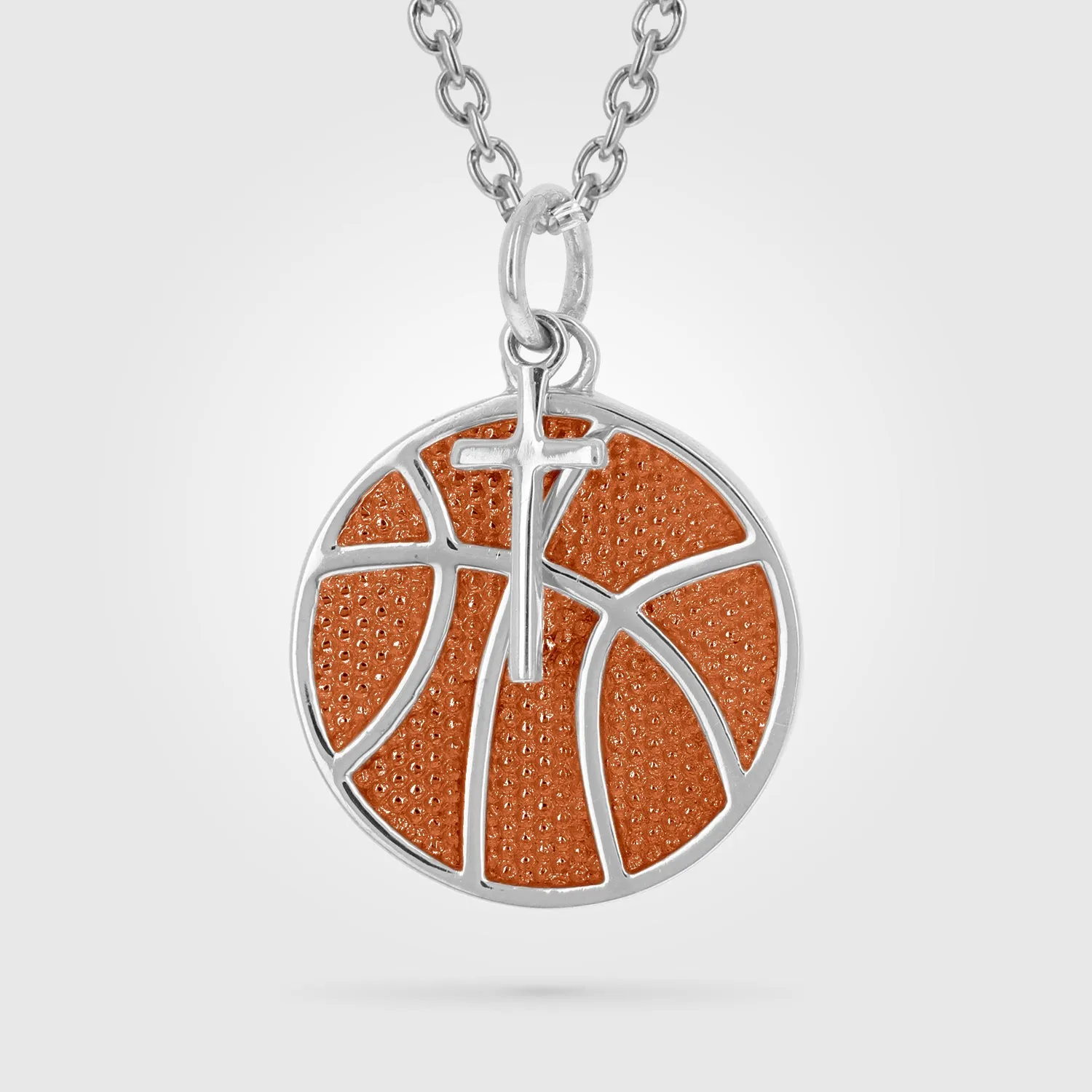 Orange Basketball Necklace w/ Dangle Cross | Sterling Silver