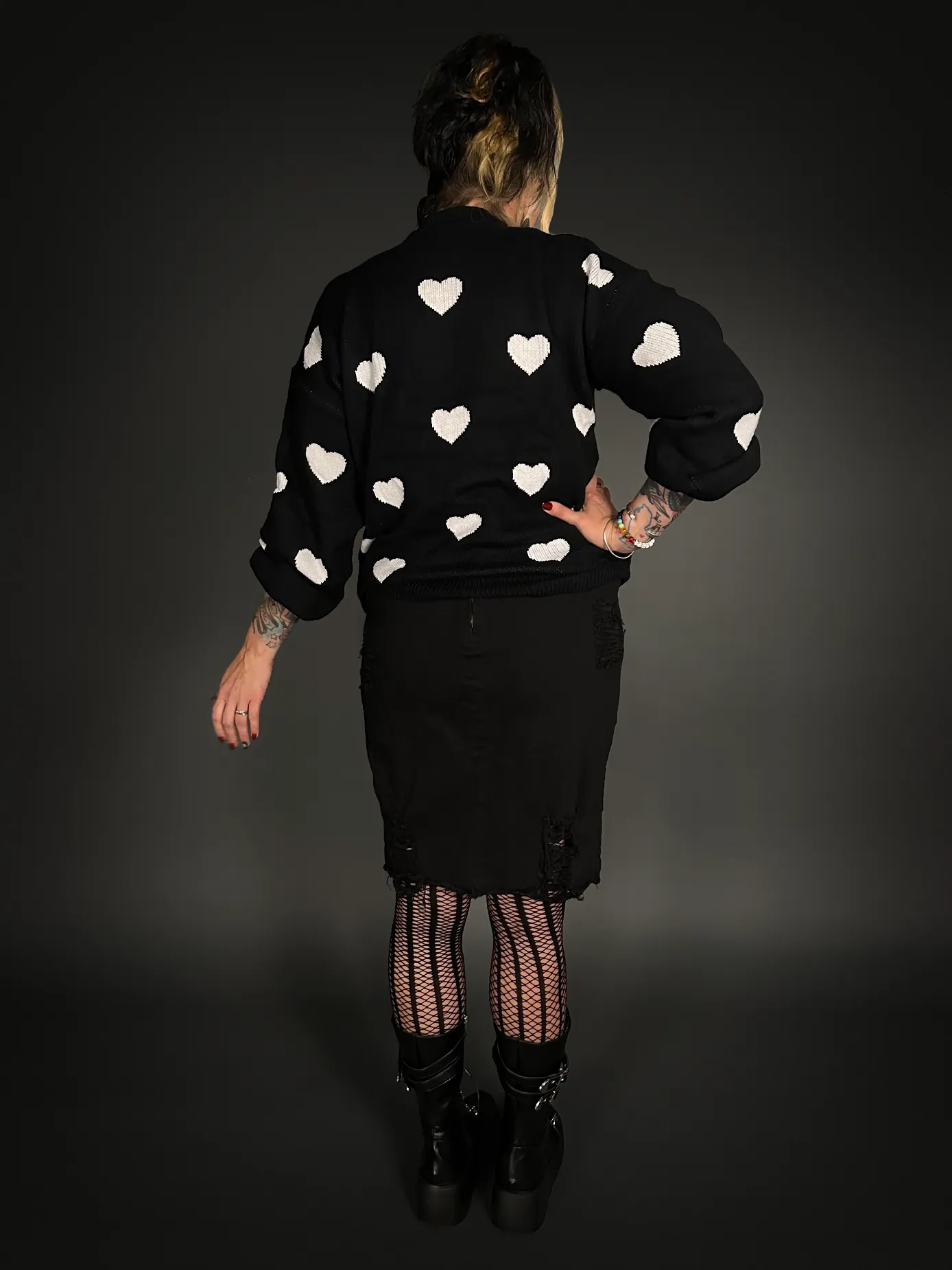 Outfit Set - Distressed Black Denim Skirt & Oversized Black Sweater with White Hearts